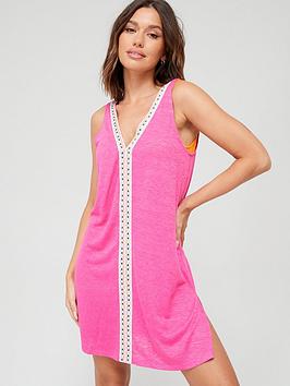 Everyday Burnout Jacquard Tape V-Neck Mini Beach Dress - Pink, Pink, Size 12, Women