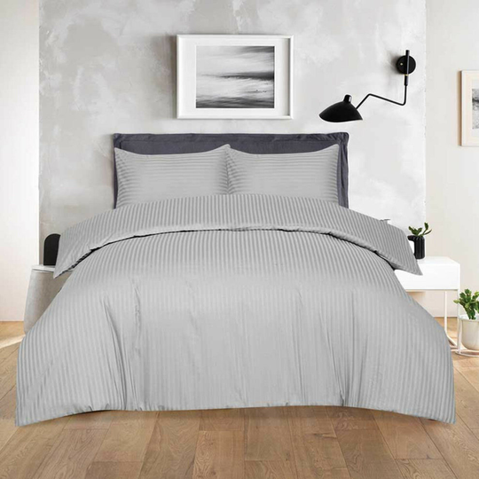(Grey, Single) Soft Hotel Quality Satin Stripe T300 Egyptian Cotton Duvet Cover with Pillowcases