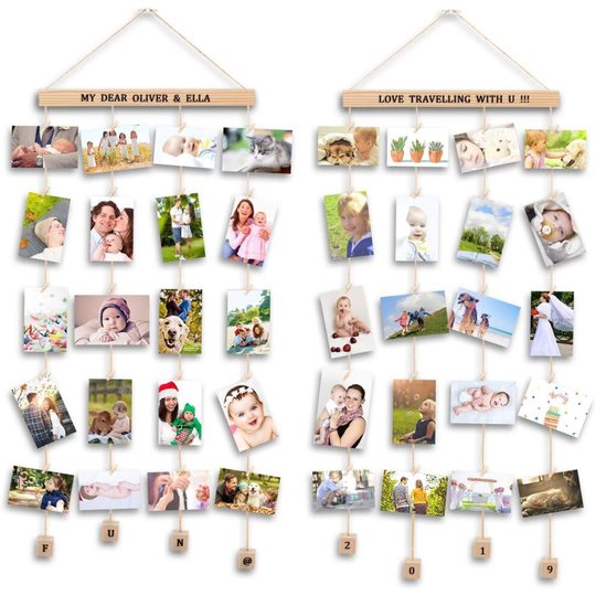 Uping Set of 2 Hanging Photo Display with 40 Clips Photo Display Board for Hanging Prints, DIY Wood Picture Frames Collage for Home Decoratio