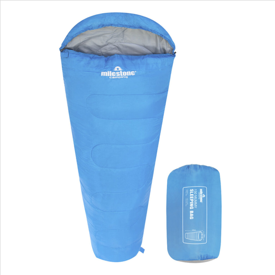 (Blue) Milestone Camping Mummy Single Sleeping Bag / 2 Season Insulation with Carry Sack