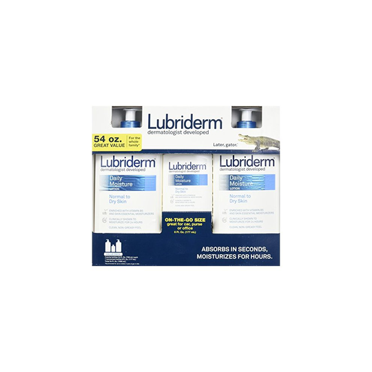 Lubriderm Daily Moisture Lotion Value Pack 2/24oz + 1/6oz = Total of 54 Oz.