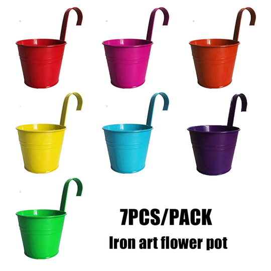 (L With drain hole) 7 Pcs/Pack Metal Iron Flower Pot Vase with Detachable Handle Hanging Corridor Aisle Balcony Garden Home Office Decoration