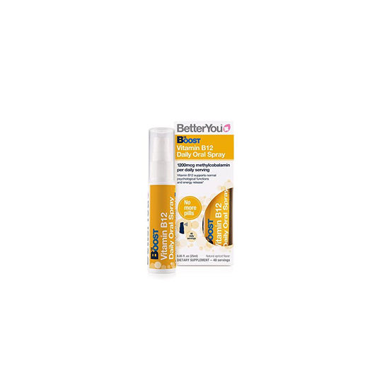 BetterYou Boost Vitamin B12 Daily Oral Spray | Vitamin Spray Supplement for Energy Boost | 1,200 IU Vitamin B12 | 25ml (192 Sprays) | Natural Apricot