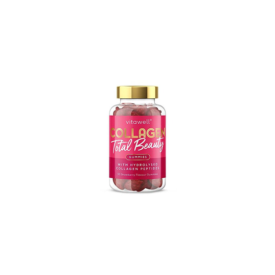 Vitawell Collagen Total Beauty Gummies | 50 Strawberry Flavour Gummies | 1 a Day Chewable Vitamins | 500mg Hydrolysed Fish Collagen with Vitamin C,