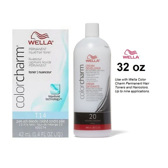 (T14 Pale Ash Blonde + 20 Vol. 32oz) Wella Hair Colour & 20 Volume Developer 32oz (BIG)
