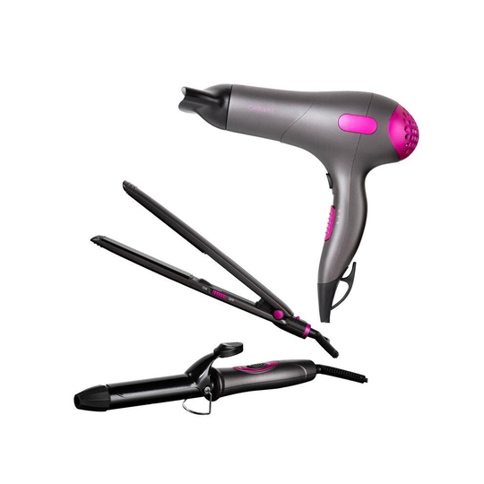 Carmen 1800W DC Hairdryer / 25mm Curling Tong / Hair Straightener Neon Pink / Graphite UK Plug