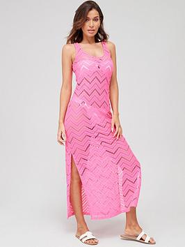 Everyday Crochet Look Side Split Maxi Beach Dress - Pink, Pink, Size 14, Women