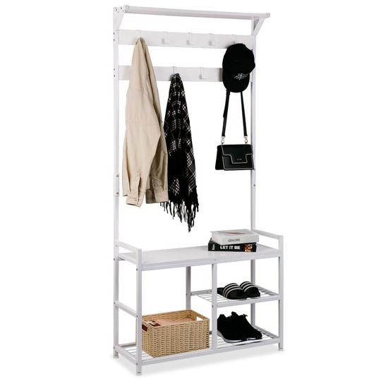 Leader Accessories Hallway Coat Stand Industrial Coat Rack free standing Hall Tree with Shoe Bench 9 Hooks Metal Frame 33"x12"x71.5"(L/W/H) White 33"x