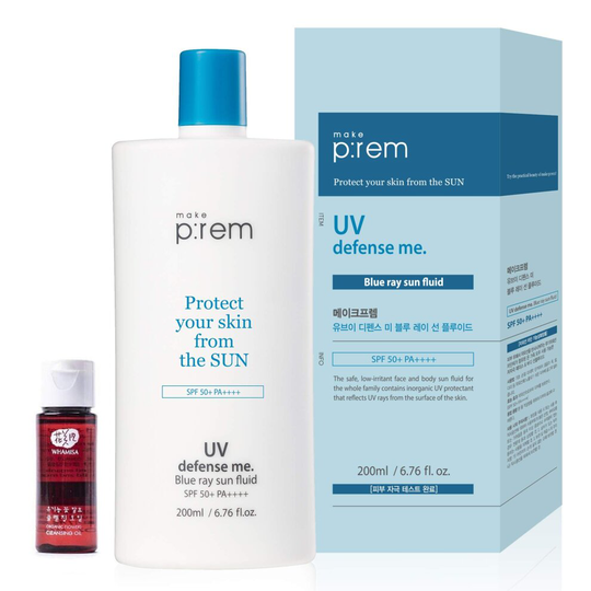 MAKEP:REM UV Defense Me Blue Ray Sun Fluid SPF 50+ PA++++ Reef-safe, Non-nano Sunscreen for Women Men Kids with Sensitive Acne Prone Skin, Sunblock Lo
