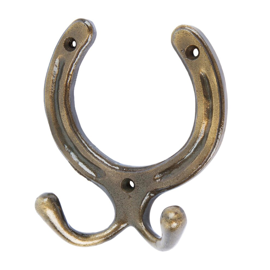 Brass 100mm x 110mm Horse Shoe Double Coat Hook - Cast Iron Vintage Antique Wall Mounted Hanger - by Hammer & Tongs