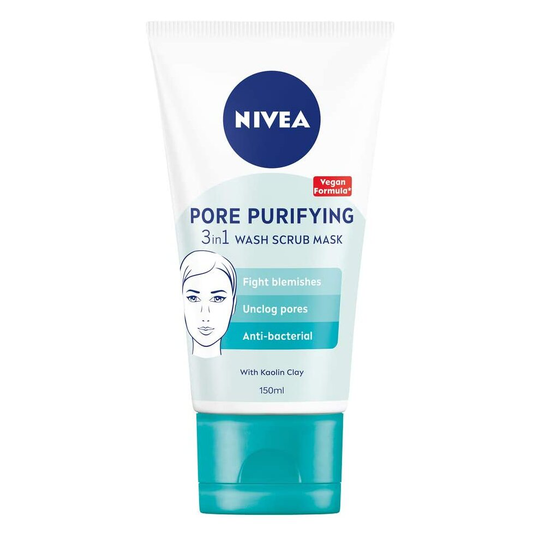 NIVEA 3-in-1 Wash Scrub Mask (150ml), All in One Face Scrub, Face Wash and Face Mask With Natural Magnolia Extract & White Clay, Unclog Pores, Prevent