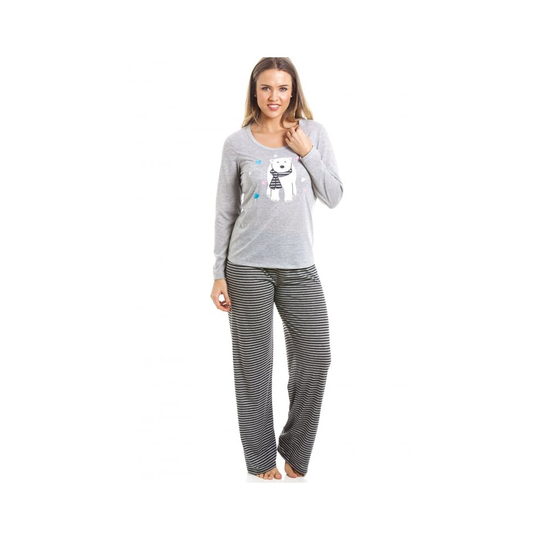 (3XL, Black) Camille Womens Grey Striped Polar Bear Pyjama Set