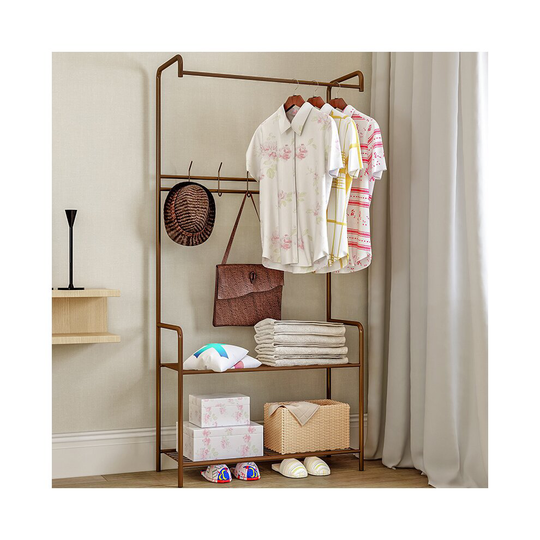 (Coffee) Heavy Duty Clothes Rail Garment Display Stand With Shoe Rack