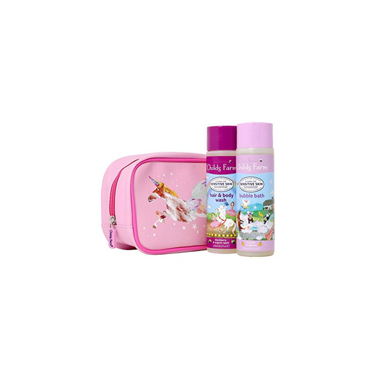 Childs Farm Unicorn Luxury Washbag Containing 250 ml Tangerine Bubble Bath and 250ml Blackberry and Apple Hair and Body Wash