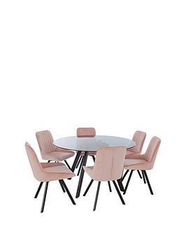 Very Home Triplo 130 Cm Round Glass Top Dining Table + 6 Chairs - Black/Pink