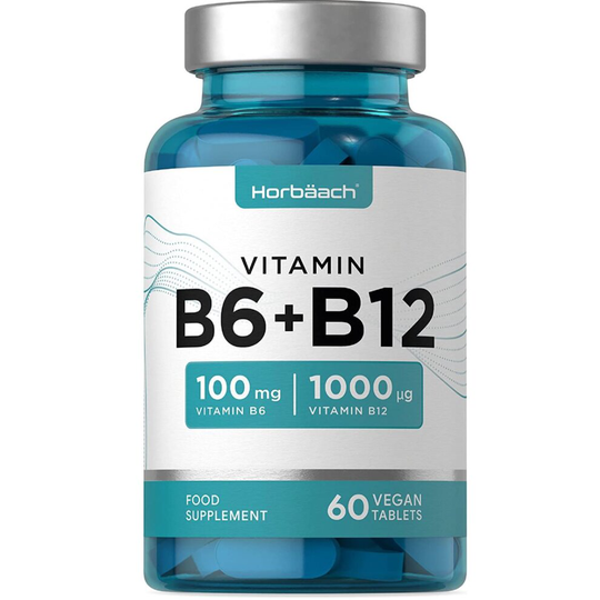 Vitamin B6 100mg & B12 1000mcg | 60 Tablets High Strength | Mood & Energy Support | by Horbaach