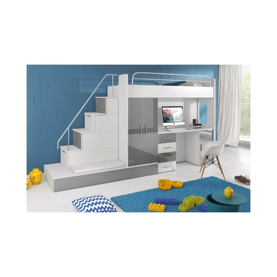 (White/Grey, Left Hand) High sleeper Alta 5SK, Trundle Bed, Wardrobe, Desk, Stairs - Assembly Incl