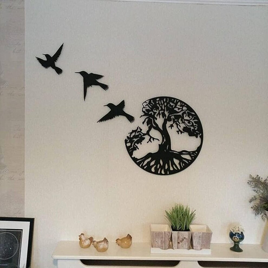 Black Metal Tree Of Life Flying Bird Wall Sculptures Wall Art Decoration