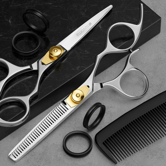 Suvorna Barber Scissors Set - 5.5" Hairdressing & Thinning Scissors - Japanese J440c Hair Scissors with Tension Adjustment - Extremely Sharp Blades