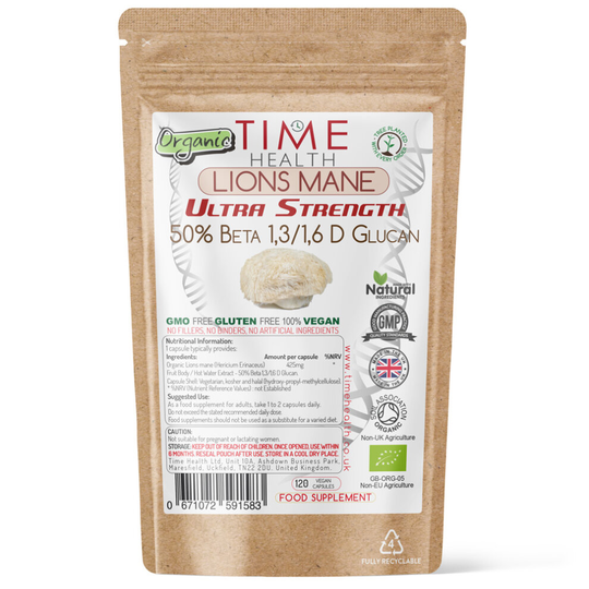 (60 Capsules) Organic Lions Mane (Hericium Erinaceus) Ultra Strength 50% Beta 1,3/1,6 D Glucan