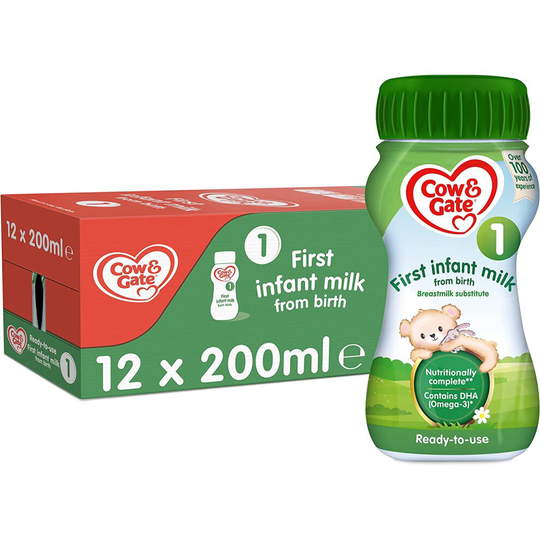 Cow & Gate 1 First Infant Baby Milk Ready to Use Liquid Formula, from Birth, 200ml (Pack of 12)