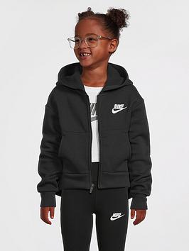 Nike Girls NSW Club Fleece Full Zip Hoodie - Black/White, Black/White, Size L=12-13 Years, Women