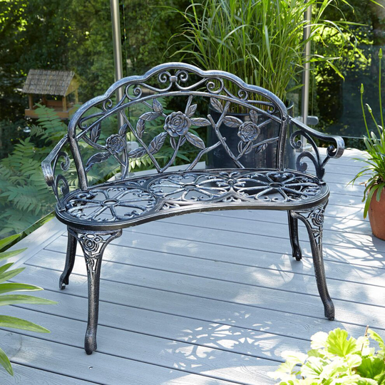 Grey Cast Iron Garden Bench Metal Frame 2 Seater Patio Chair Outdoor Seating