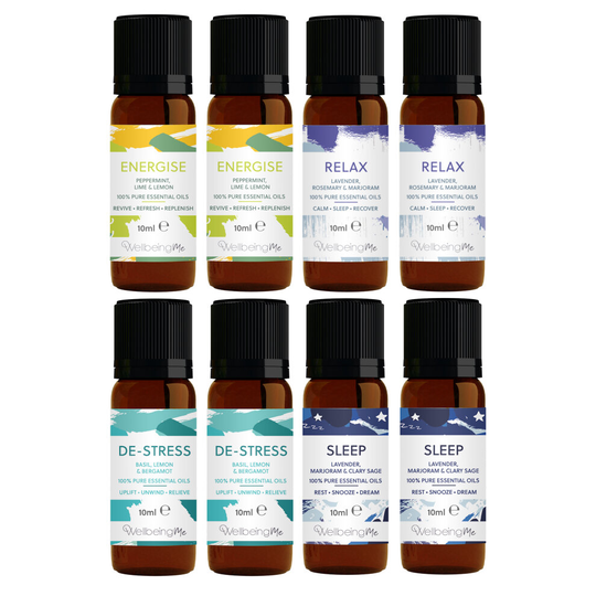 WellbeingMe Essential Oil Blend Multipack | Contains Energise, Relax, De-Stress & Sleep Essential Oil Blends (x2 Each) | 100% Pure & Vegan