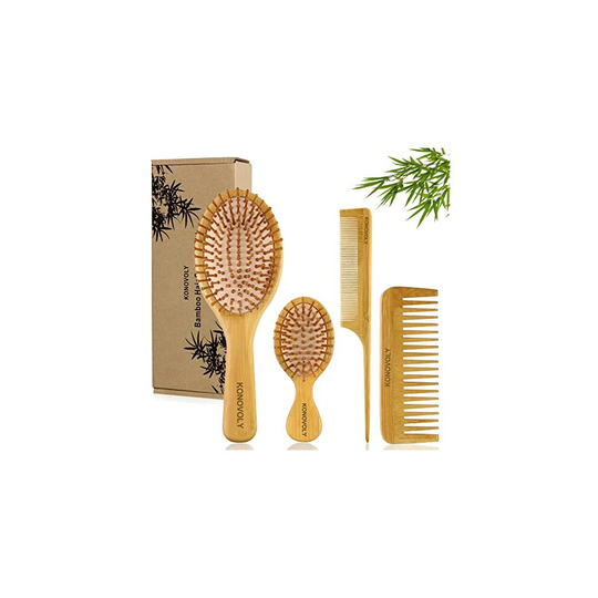 4 Piece Bamboo Hair Brush and Comb Set with Paddle Detangling Hairbrush Natural Wide-tooth and tail comb No Bristle, suit for Women Men Kids