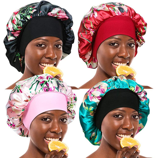 4 Pieces Wide Band Satin Cap Sleep Bonnet Soft Night Sleep Hat Hair Loss Cap Salon Bonnet for Women, 4 Colours