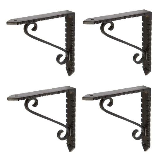 4x Black 105mm Notched Scroll Iron Shelf Bracket - Cast Iron Antique Heavy Duty Wall Storage Brackets - by Hammer & Tongs