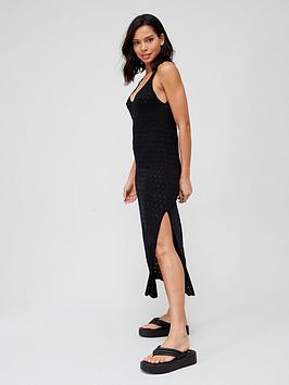 V by Very V Neck Knitted Split Side Midi Dress - Black, Black, Size 8, Women
